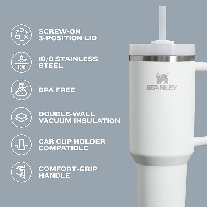 Stanley Quencher H2.0 Tumbler 40 Oz with Handle And Straw Flowstate 3-Position Lid Cup Holder Compatible Insulated Travel Mug